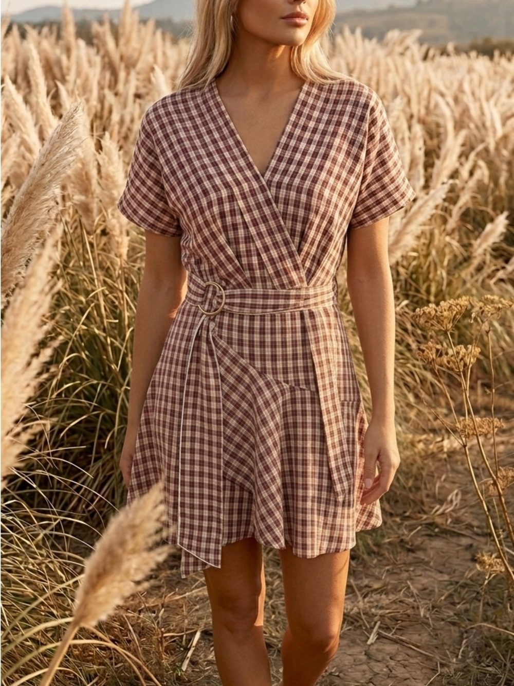 Belted Plaid Wrap Mini Dress in Brown